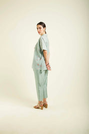 Mint Kaftan Shirt With Embroidery Details And Straight Pants