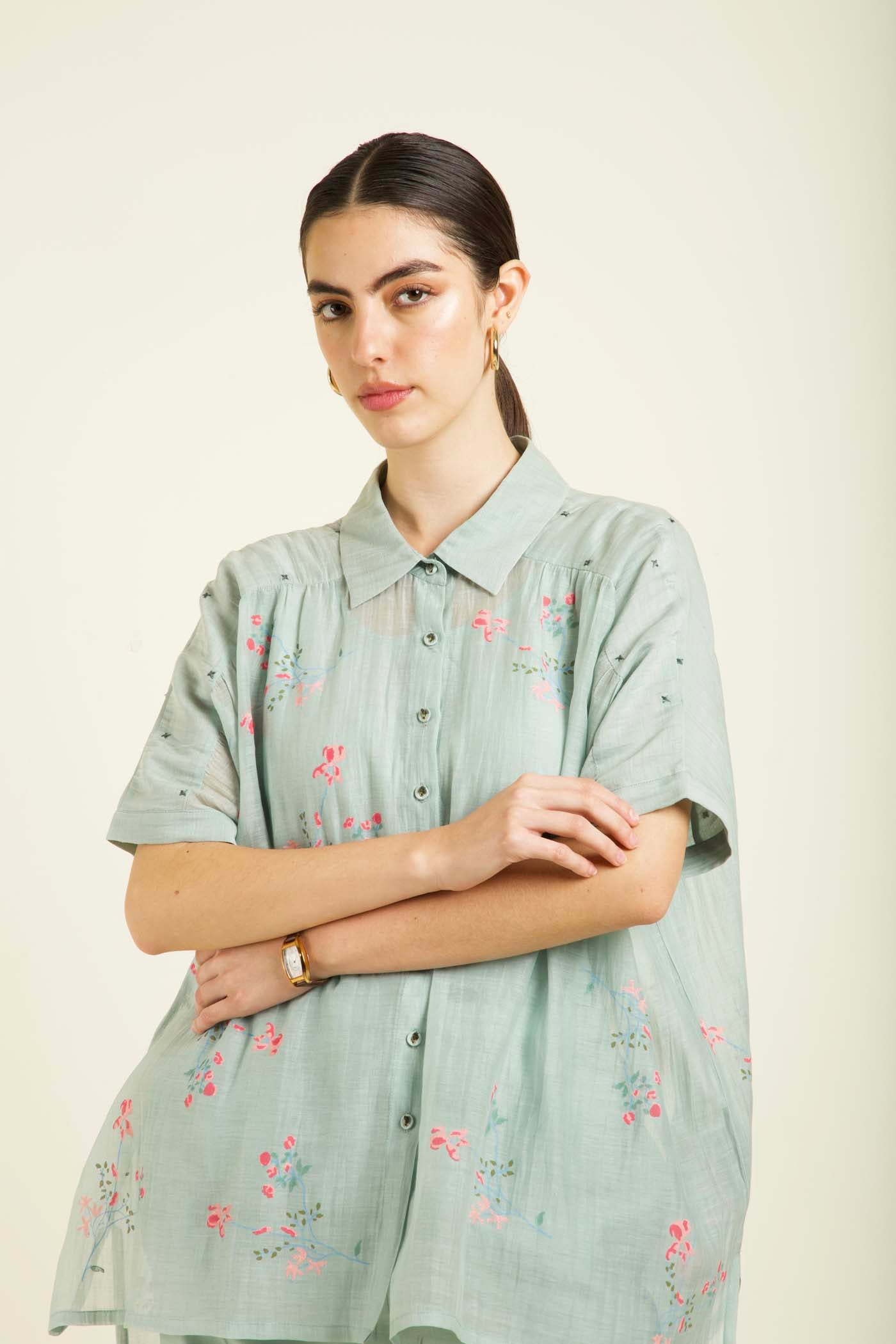 Mint Kaftan Shirt With Embroidery Details And Straight Pants