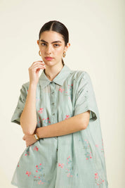 Mint Kaftan Shirt With Embroidery Details And Straight Pants
