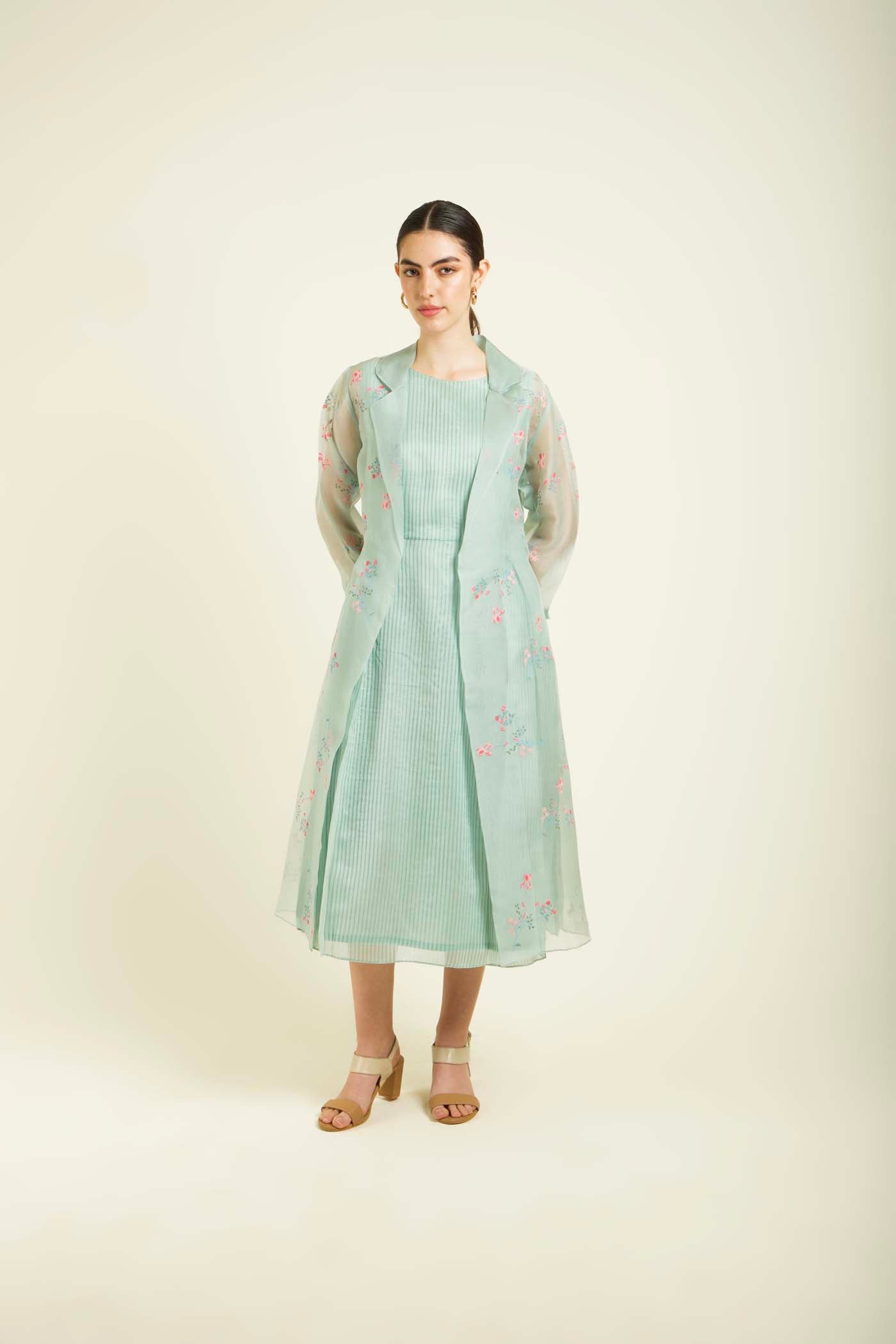 Mint Printed Jacket With Plain Dress