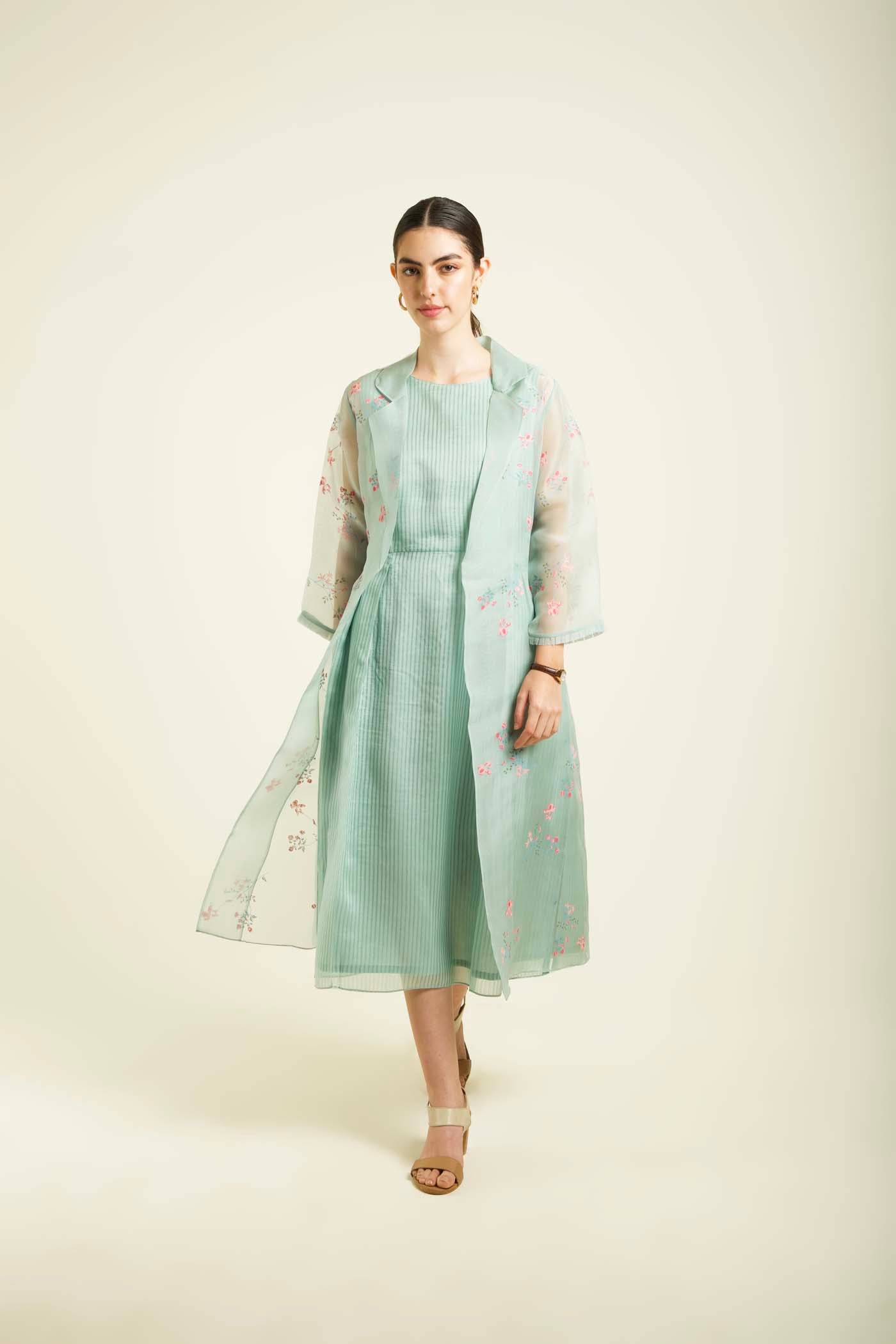 Mint Printed Jacket With Plain Dress
