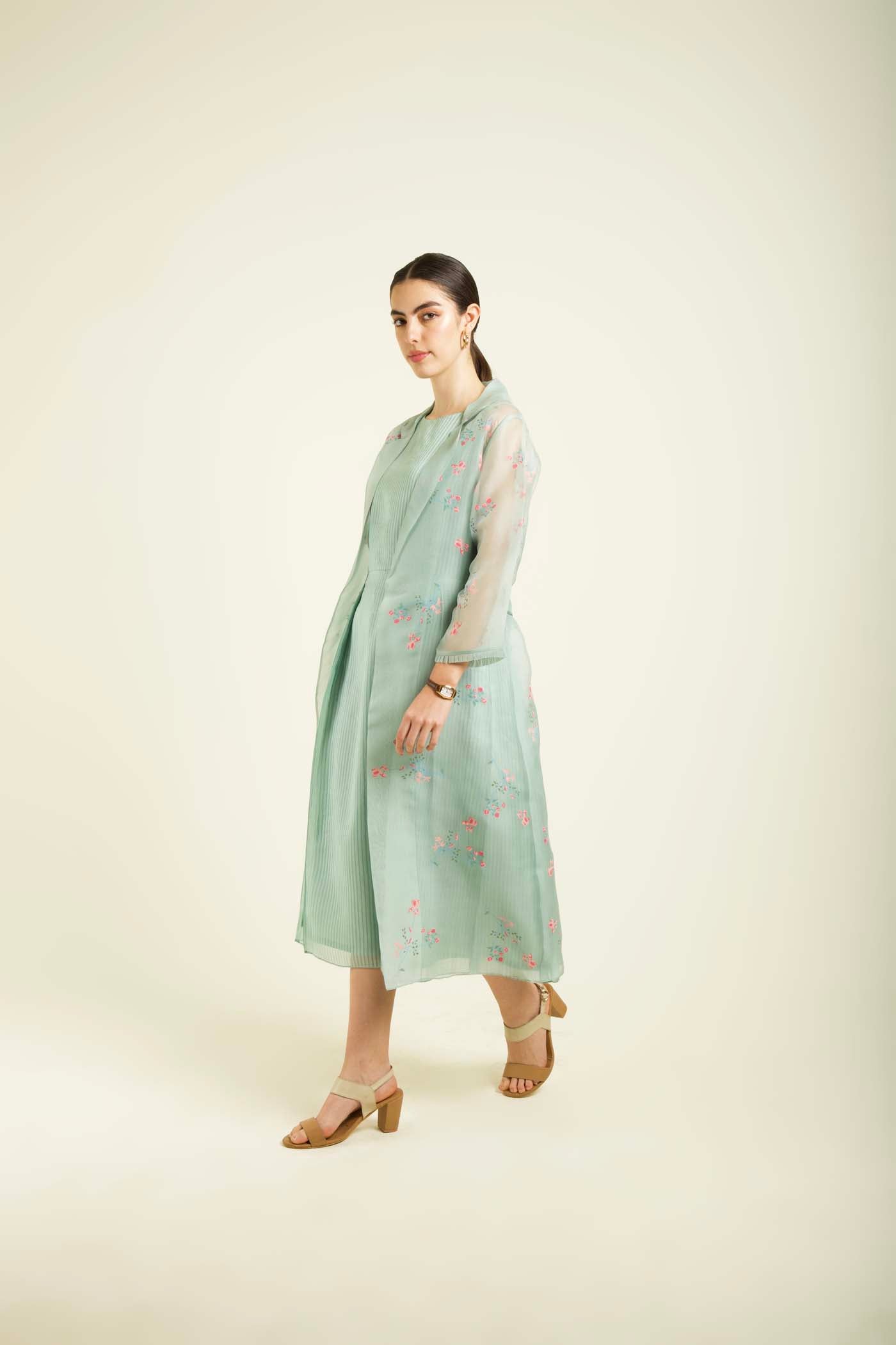 Mint Printed Jacket With Plain Dress