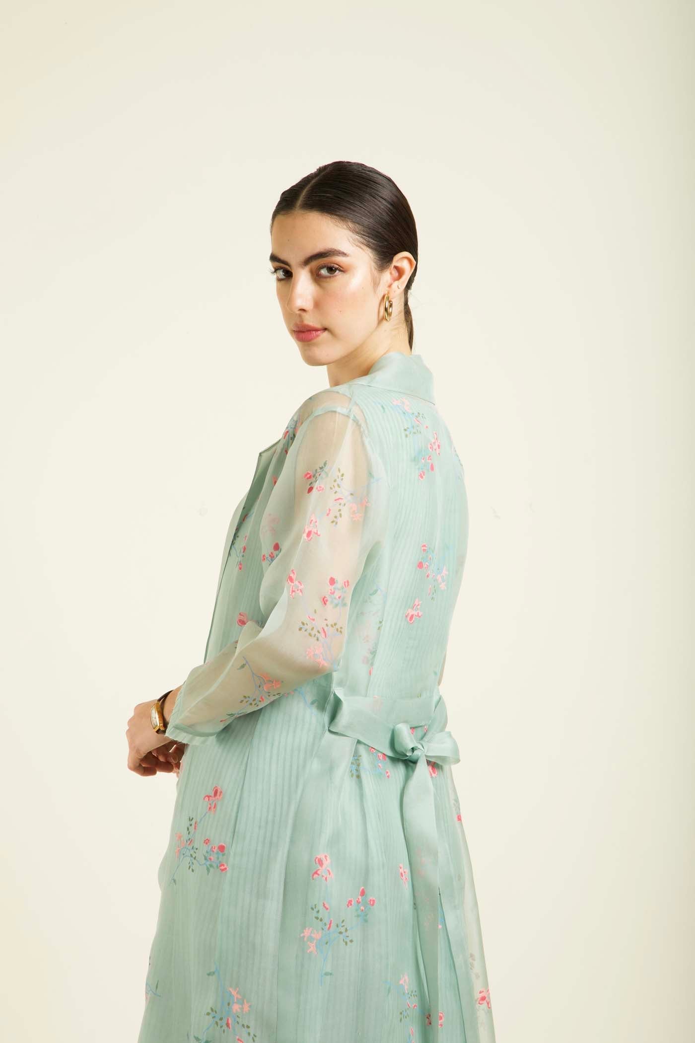 Mint Printed Jacket With Plain Dress