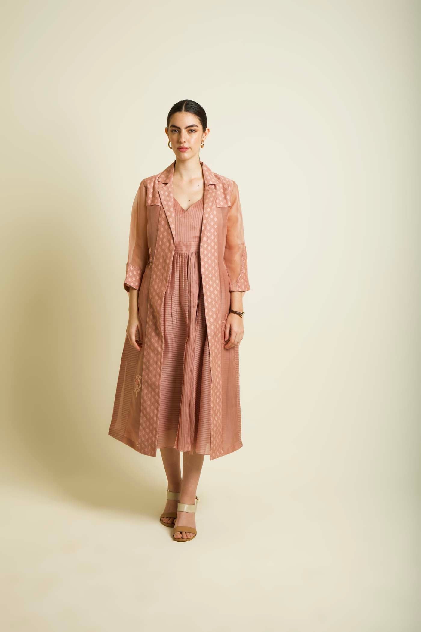 Almond Embroidered Jacket With Strap Dress