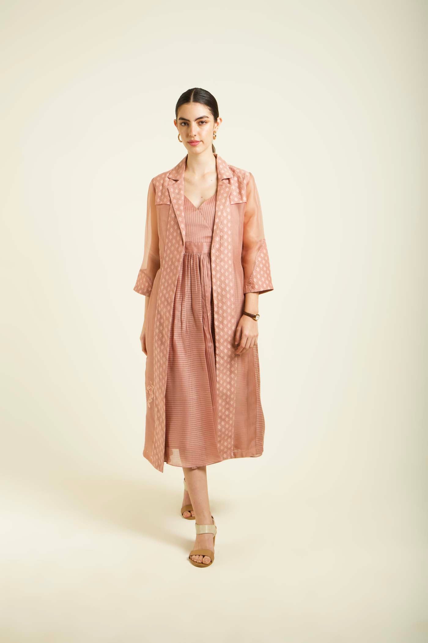 Almond Embroidered Jacket With Strap Dress