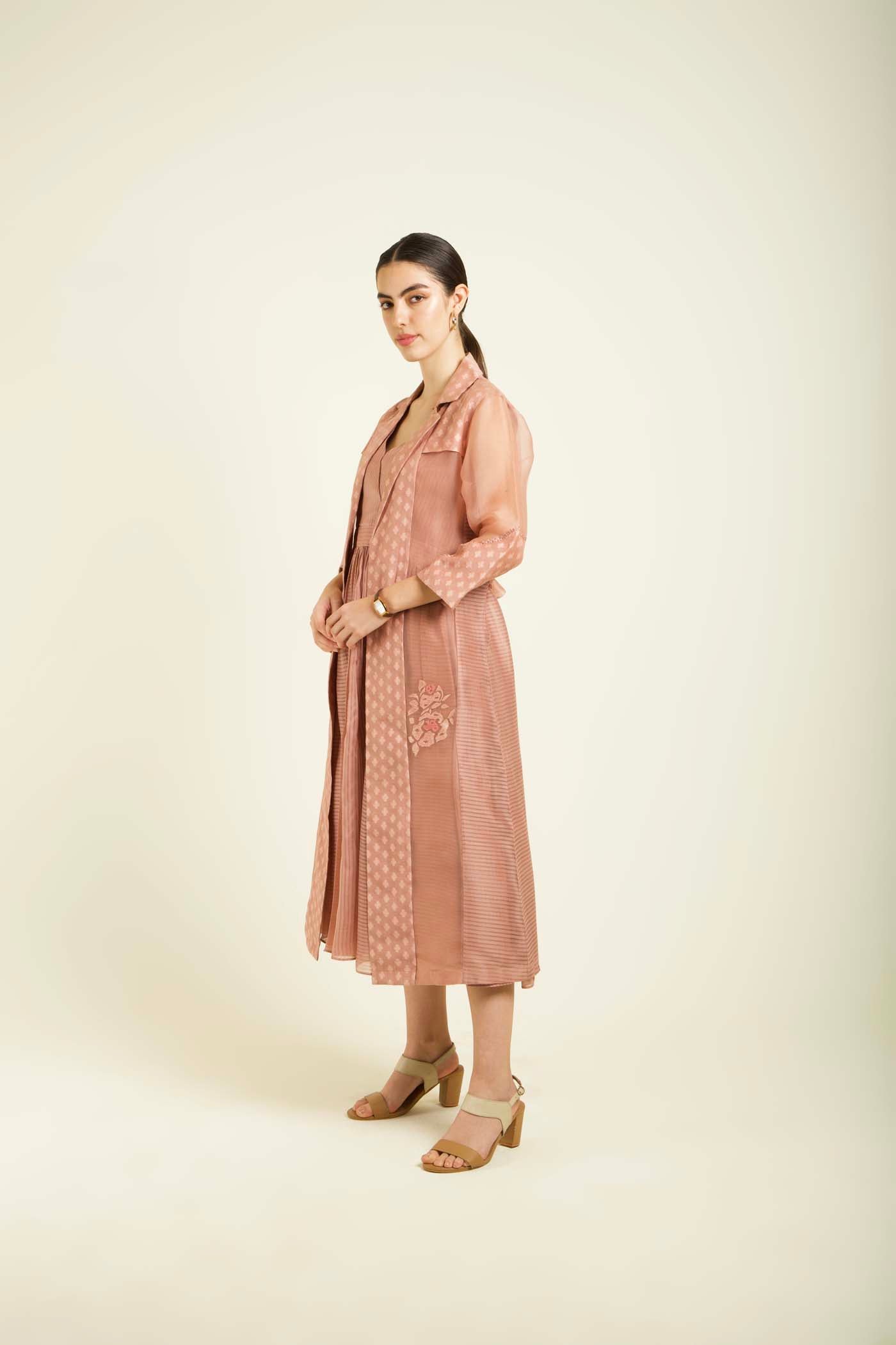Almond Embroidered Jacket With Strap Dress