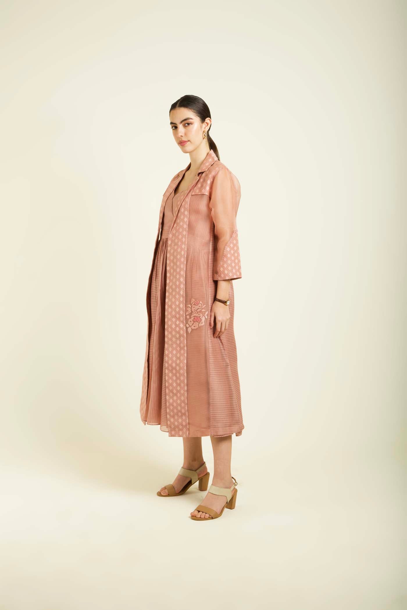 Almond Embroidered Jacket With Strap Dress