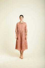 Almond Printed Gathered Dress With Embroidery Details