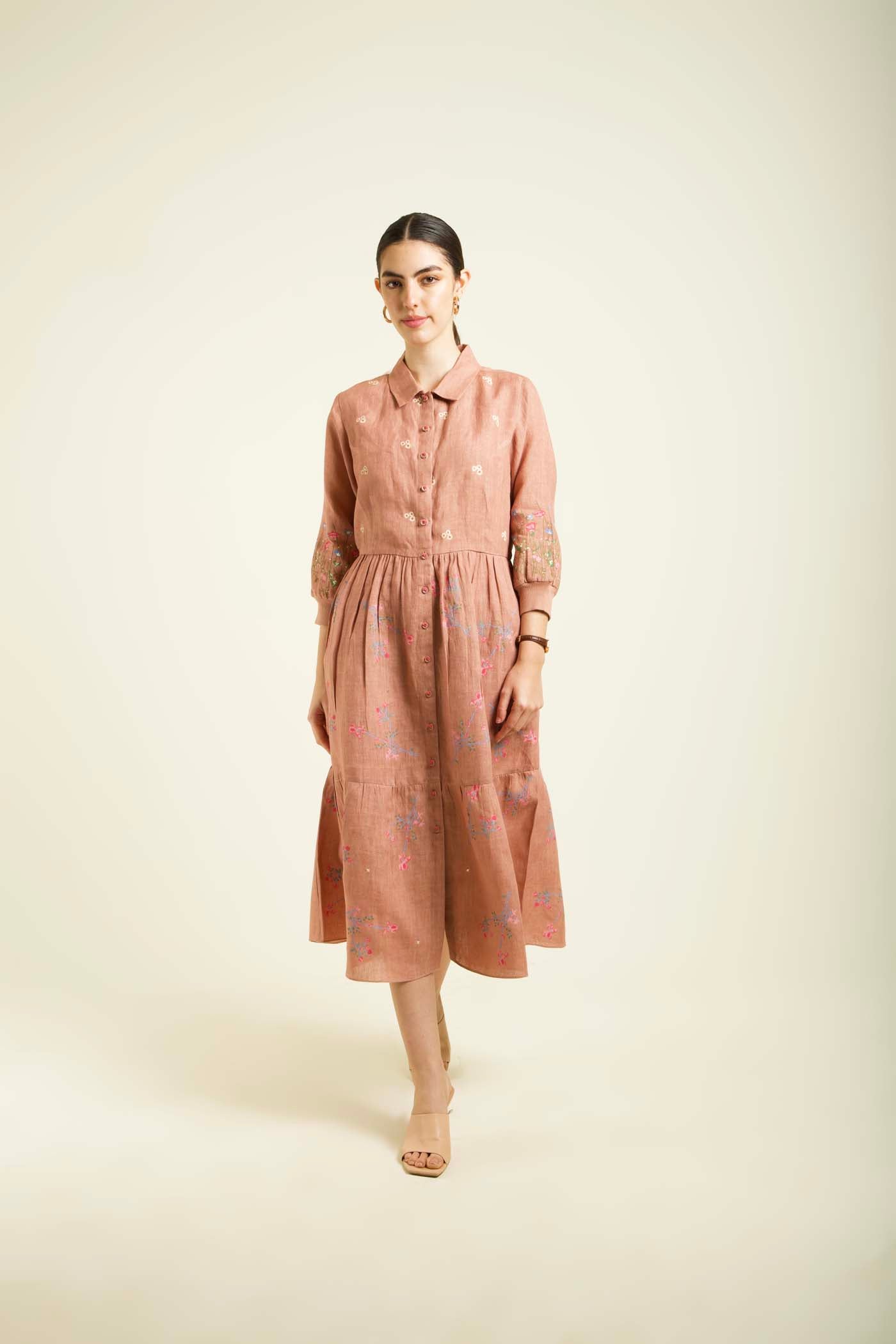 Almond Printed Gathered Dress With Embroidery Details
