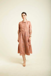 Almond Printed Gathered Dress With Embroidery Details