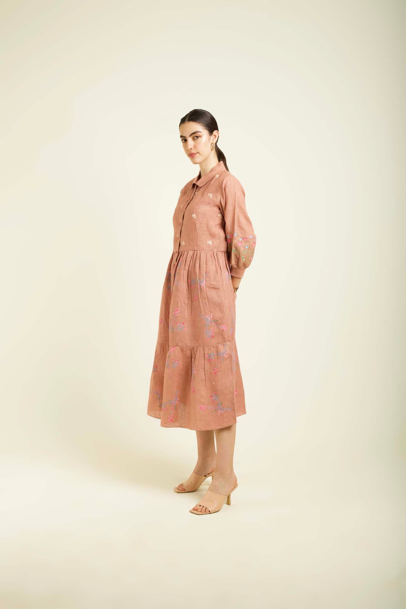 Almond Printed Gathered Dress With Embroidery Details