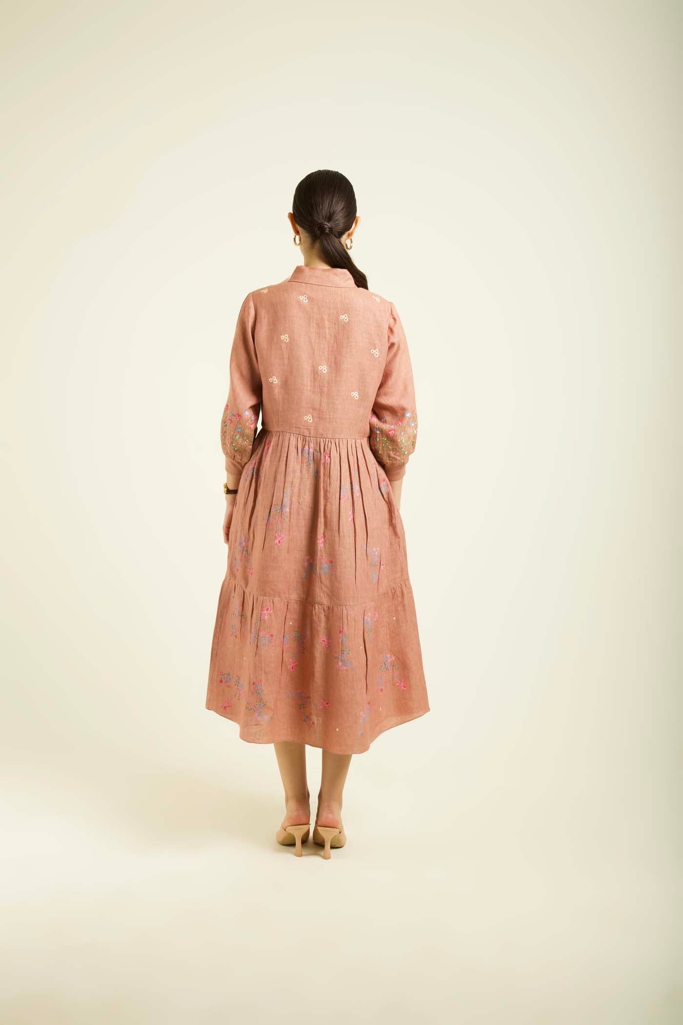 Almond Printed Gathered Dress With Embroidery Details
