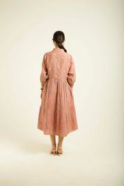 Almond Printed Gathered Dress With Embroidery Details
