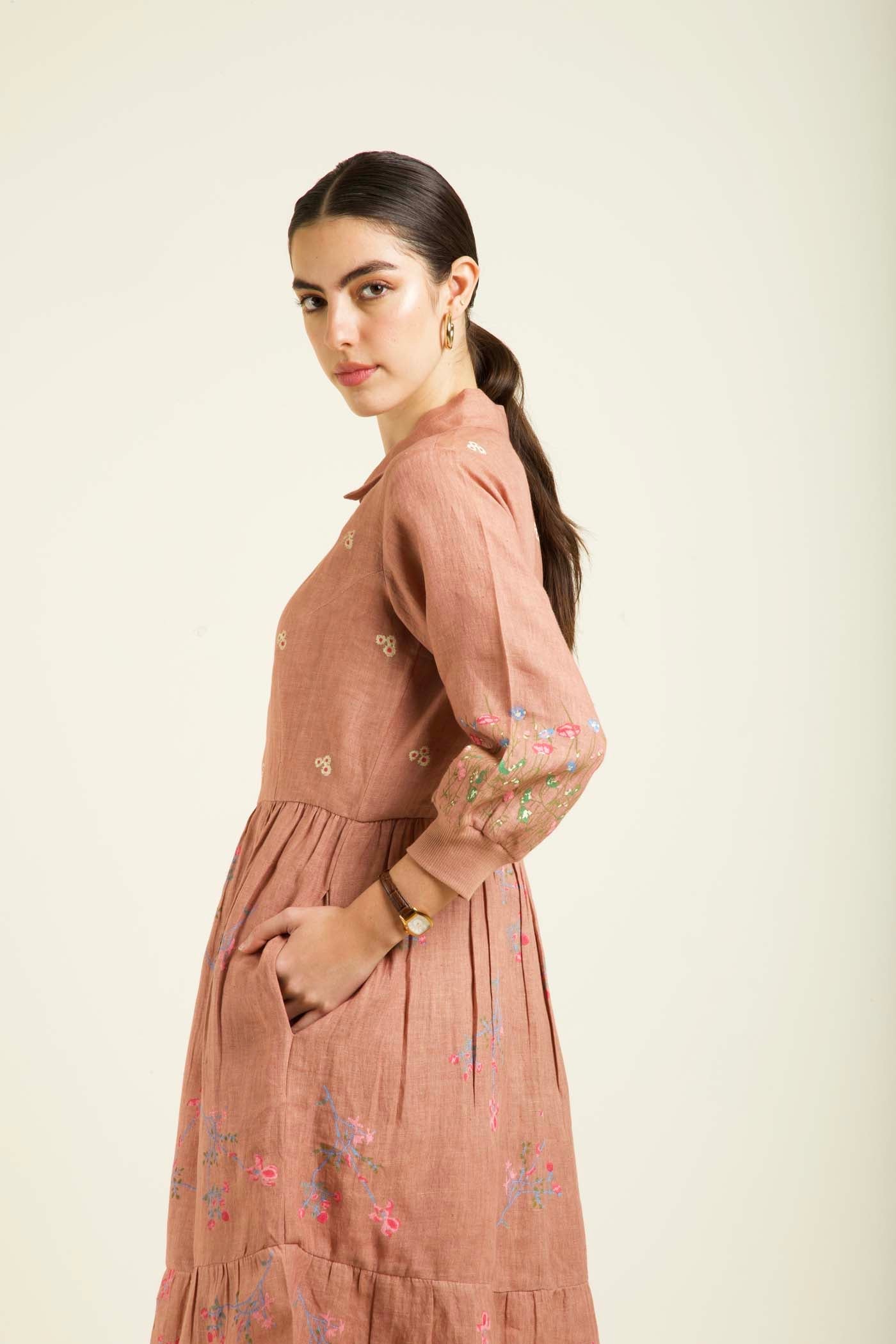 Almond Printed Gathered Dress With Embroidery Details