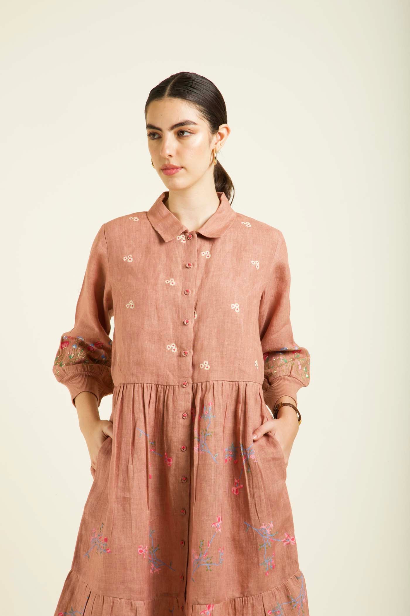 Almond Printed Gathered Dress With Embroidery Details