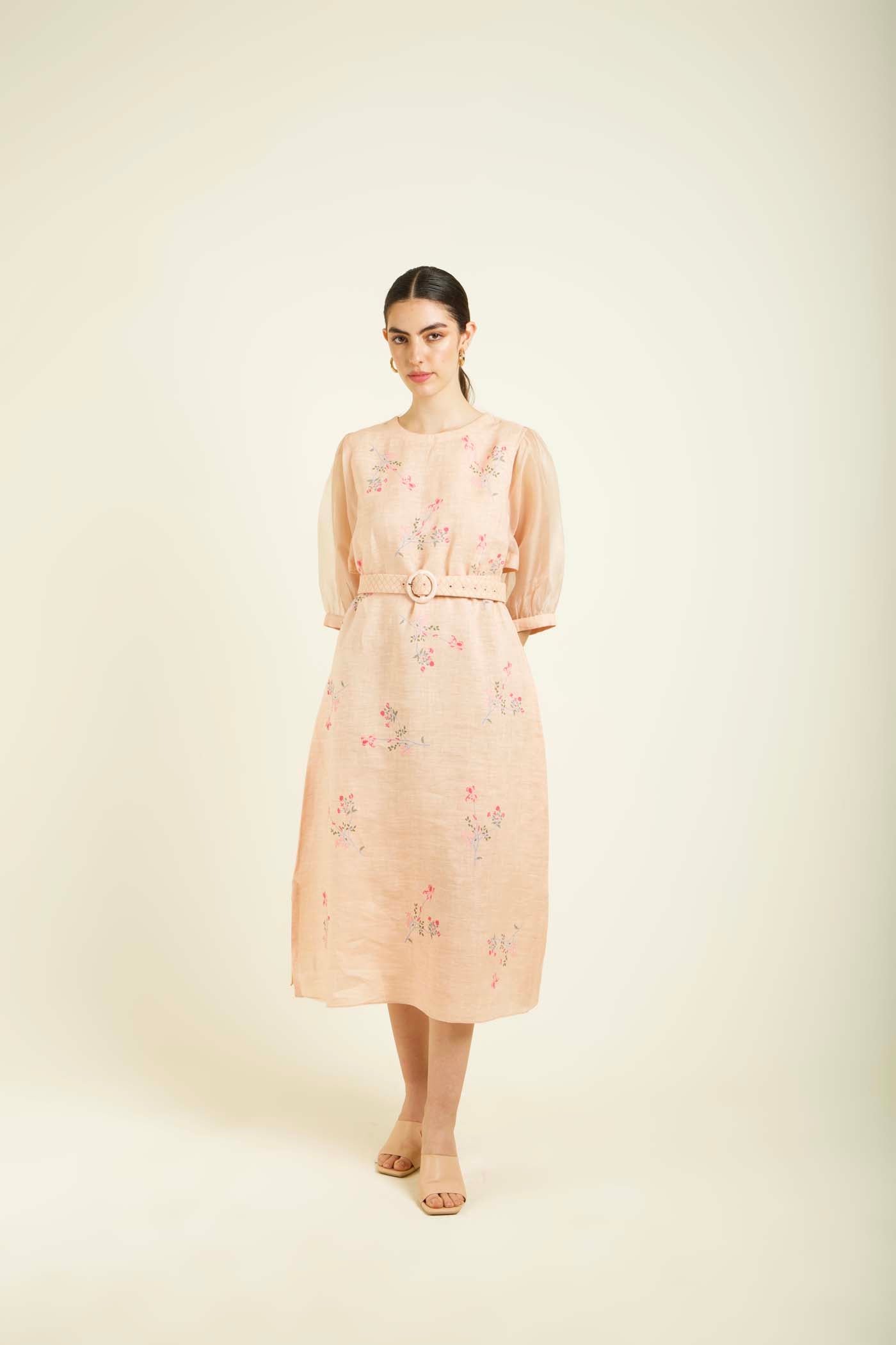 Old Rose Printed A Line Dress With Quilted Belt