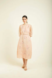 Old Rose Printed A Line Dress With Quilted Belt