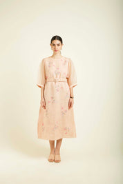 Old Rose Printed A Line Dress With Quilted Belt