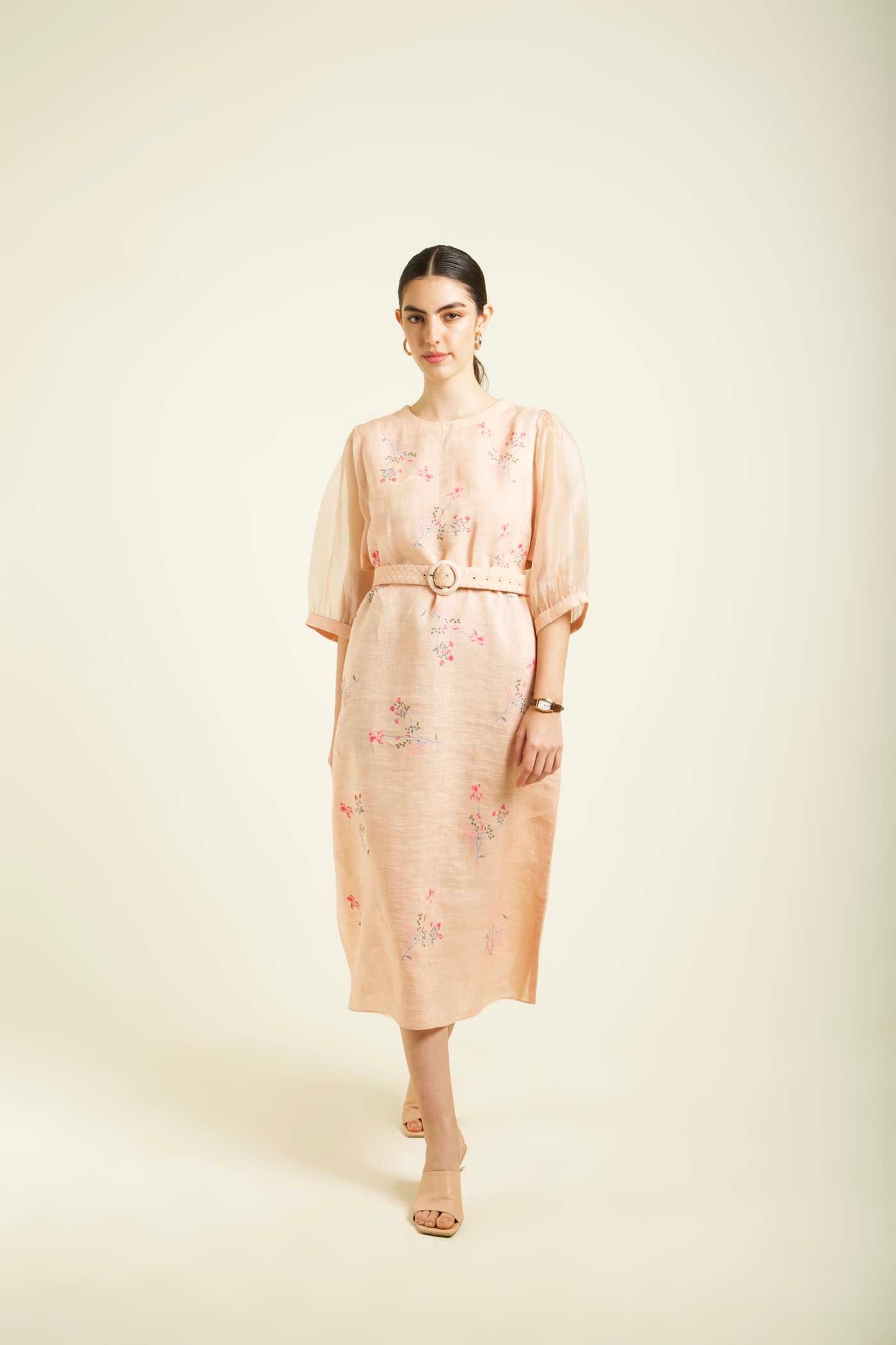 Old Rose Printed A Line Dress With Quilted Belt
