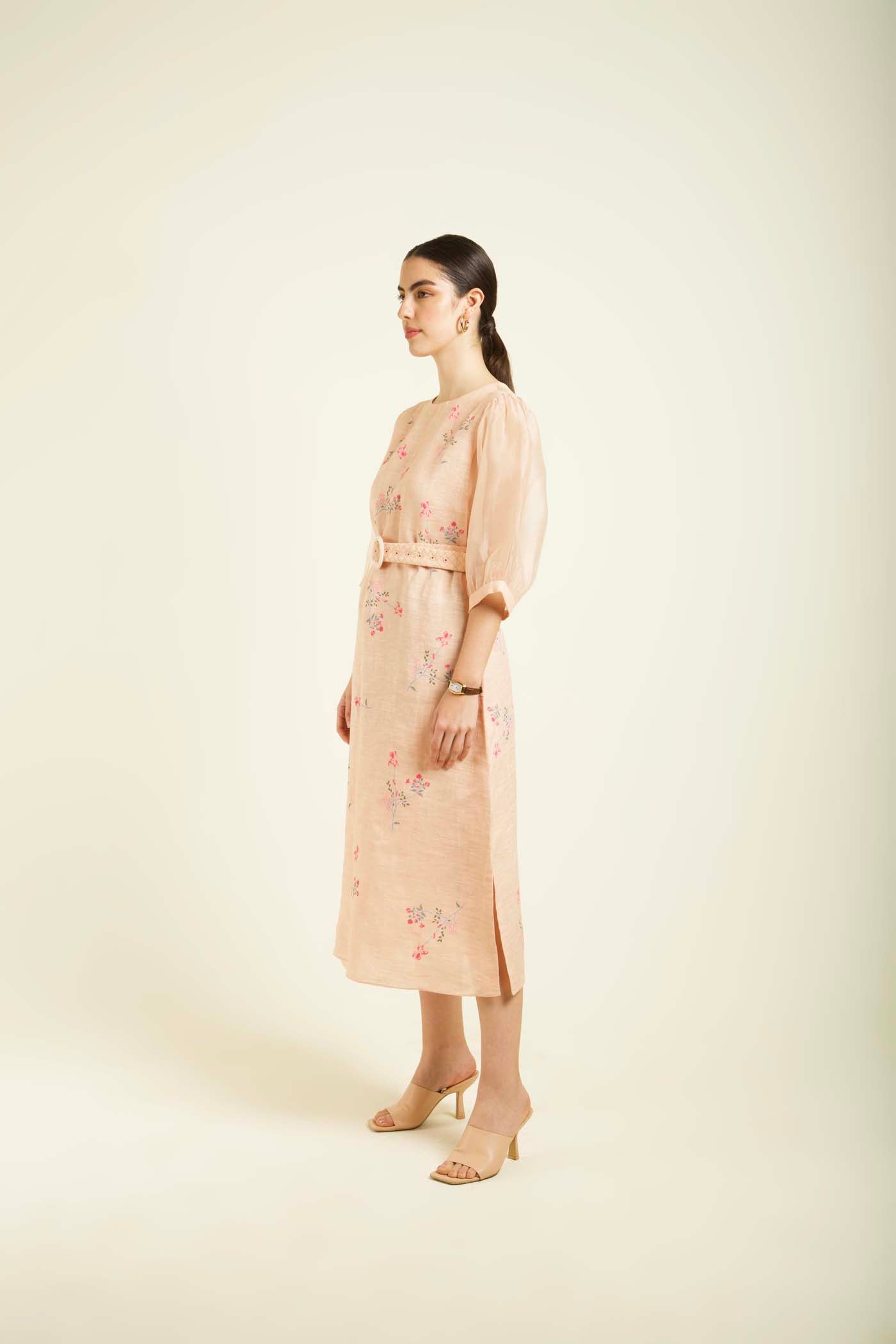Old Rose Printed A Line Dress With Quilted Belt