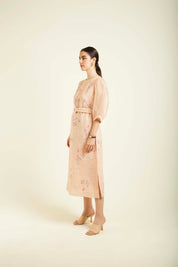 Old Rose Printed A Line Dress With Quilted Belt