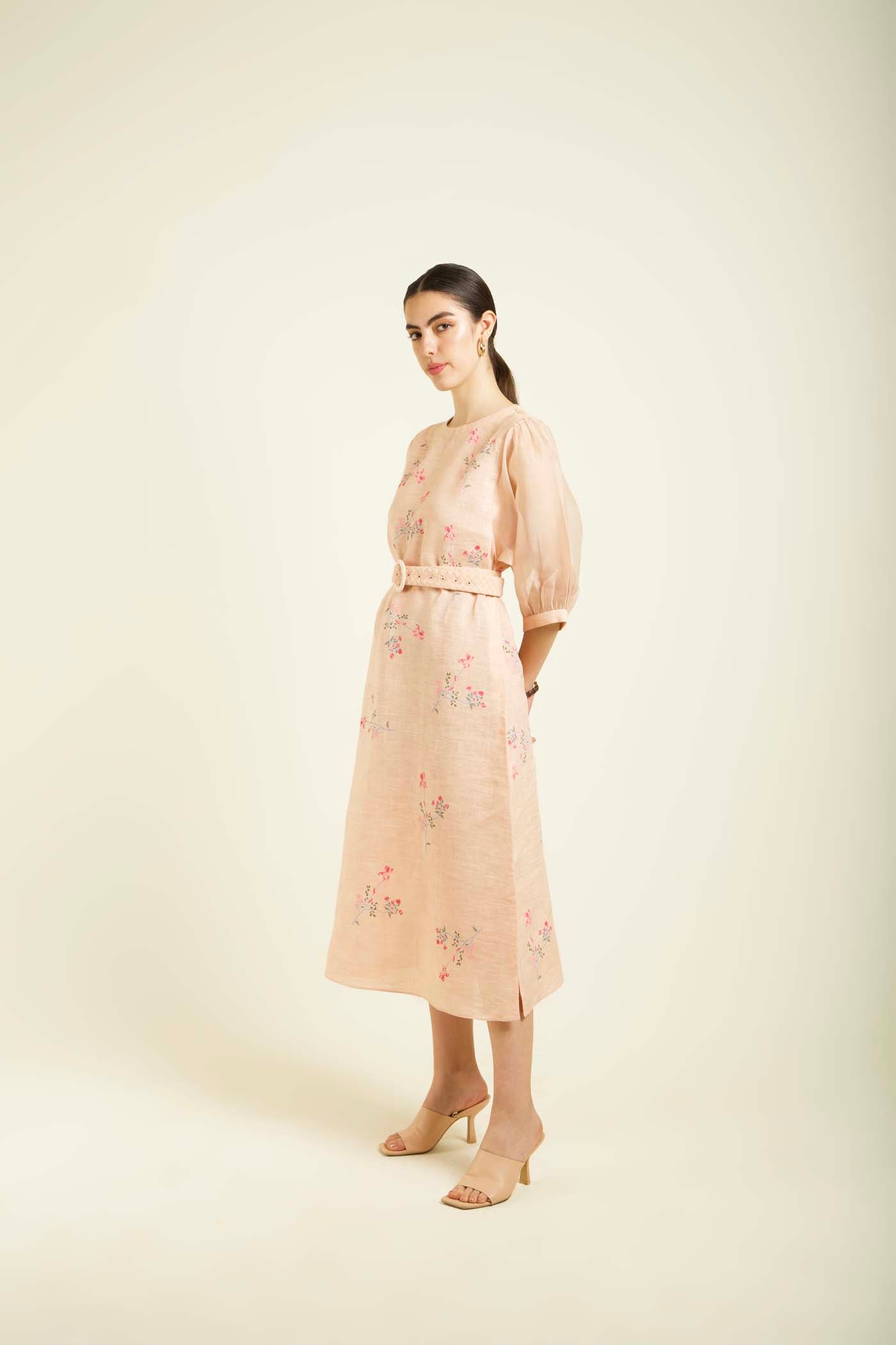 Old Rose Printed A Line Dress With Quilted Belt