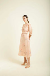 Old Rose Printed A Line Dress With Quilted Belt