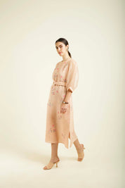Old Rose Printed A Line Dress With Quilted Belt