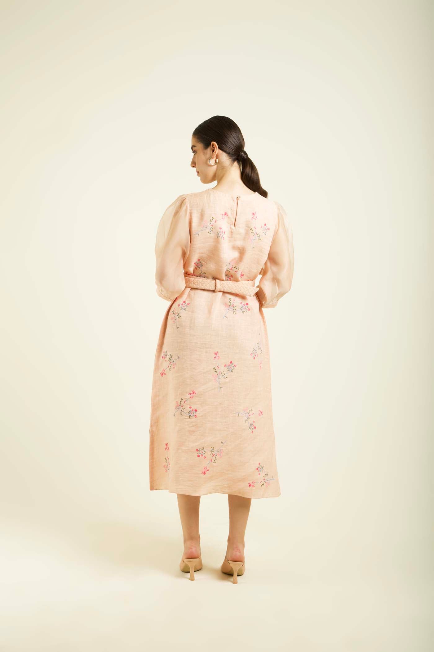 Old Rose Printed A Line Dress With Quilted Belt
