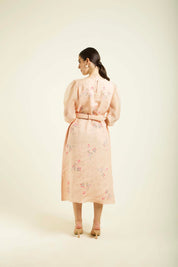 Old Rose Printed A Line Dress With Quilted Belt