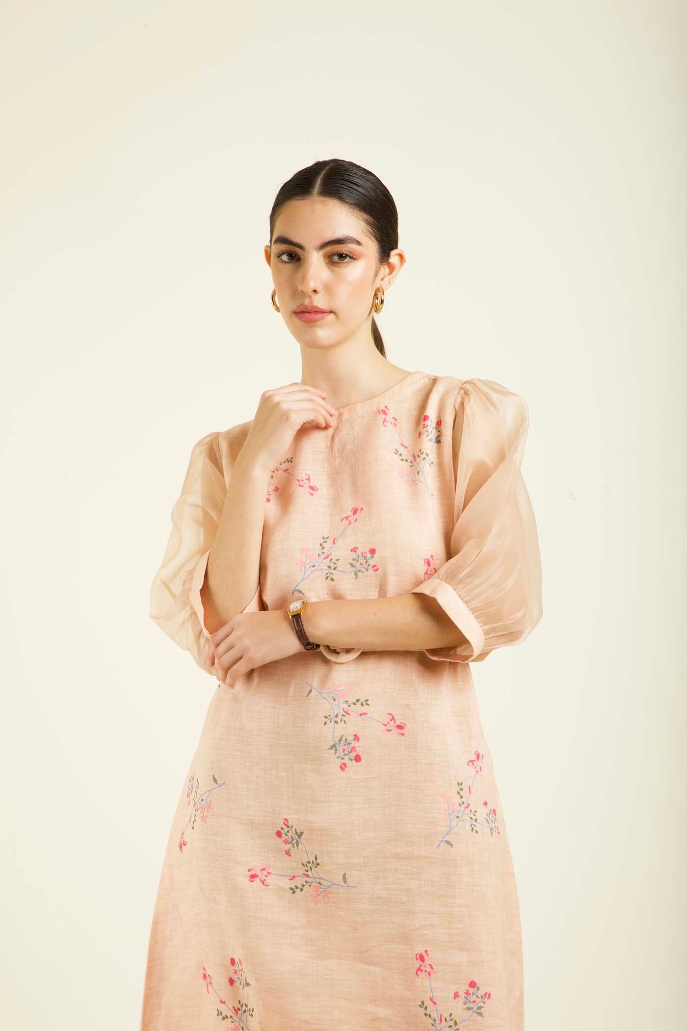 Old Rose Printed A Line Dress With Quilted Belt