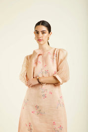 Old Rose Printed A Line Dress With Quilted Belt