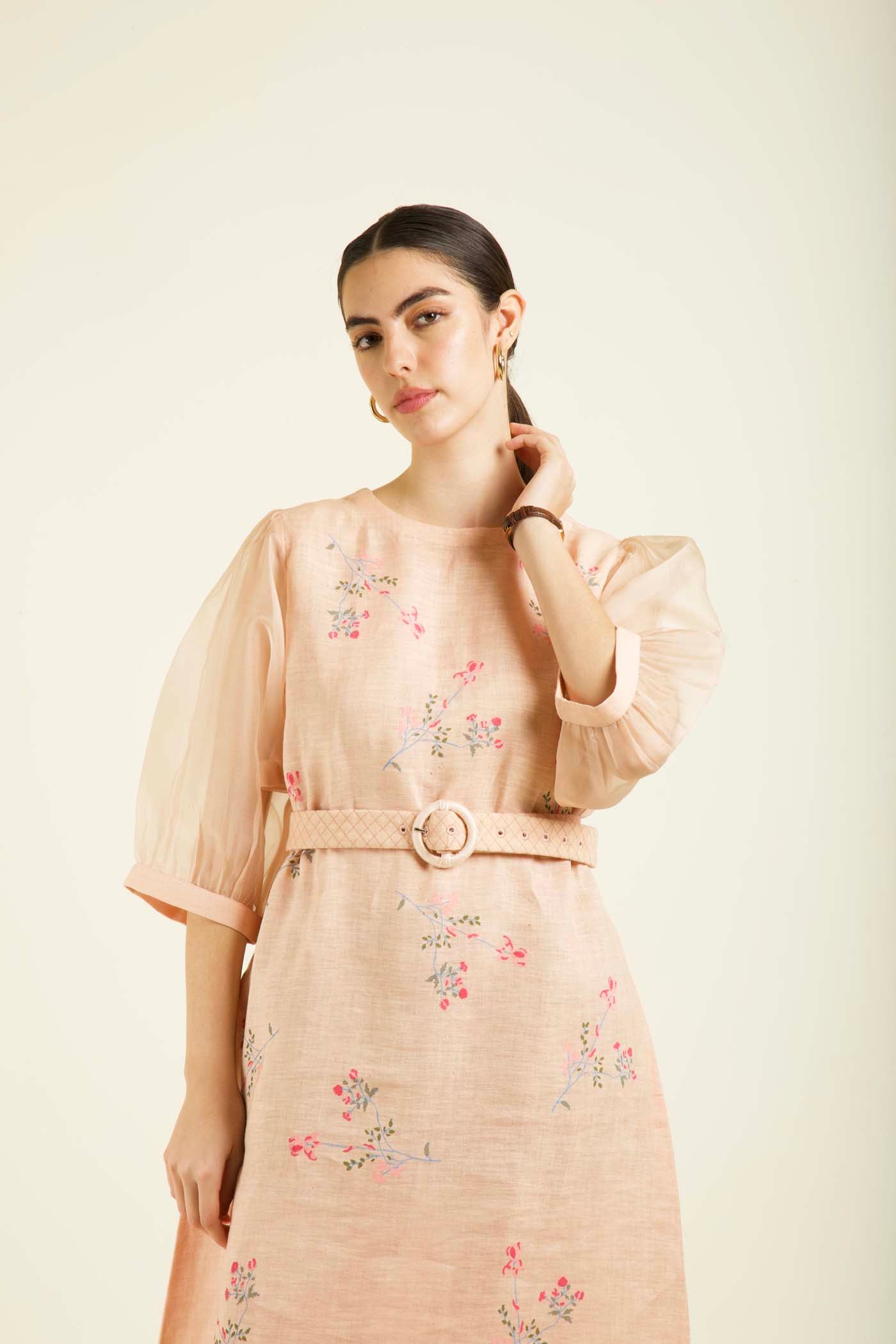 Old Rose Printed A Line Dress With Quilted Belt
