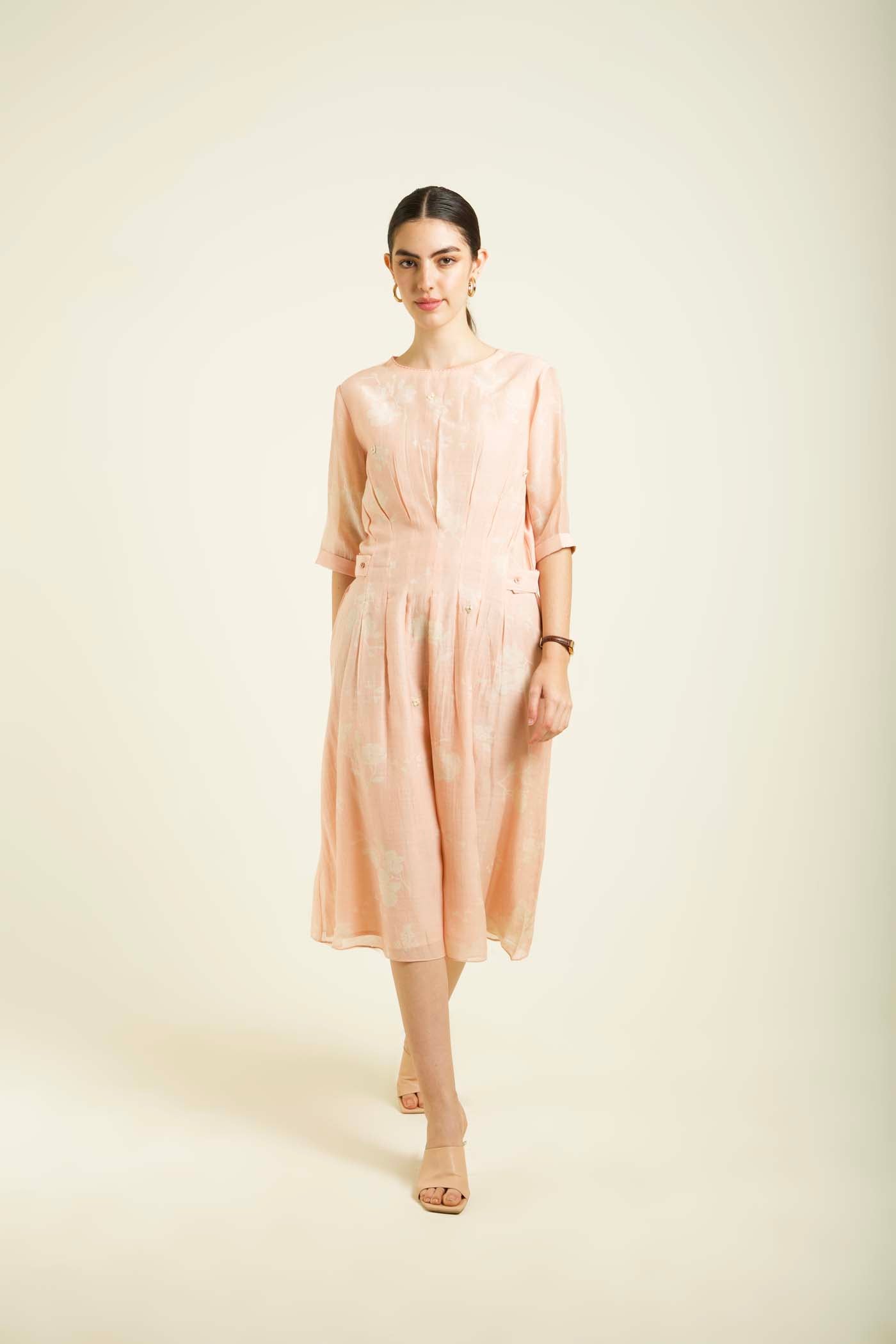 Old Rose Bon Pleated Dress With Embroidery Details