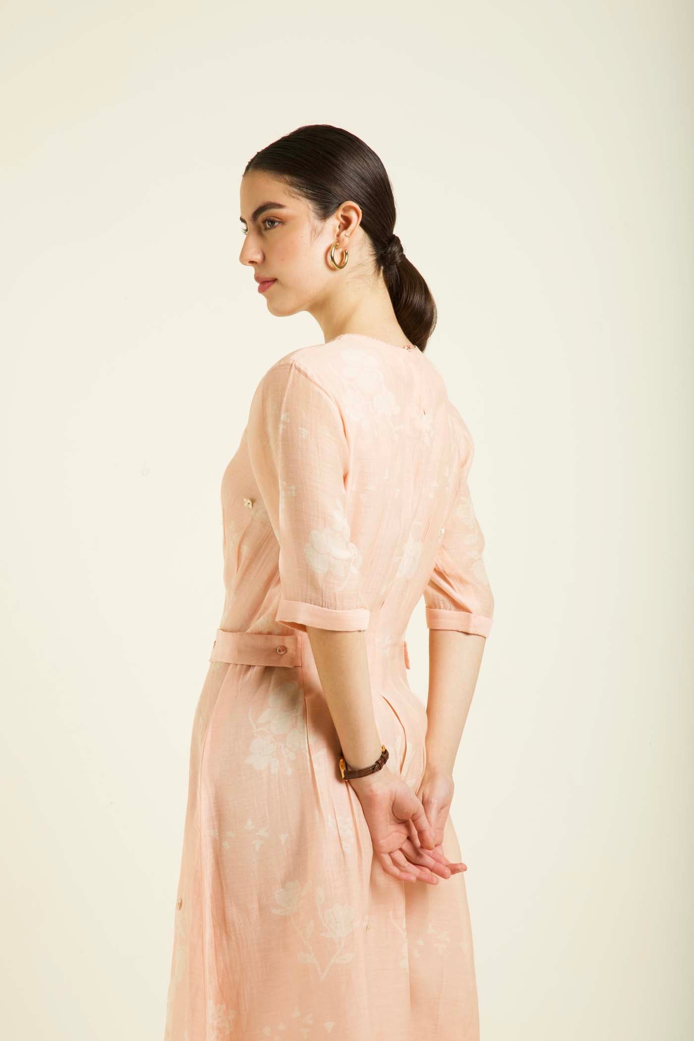 Old Rose Bon Pleated Dress With Embroidery Details