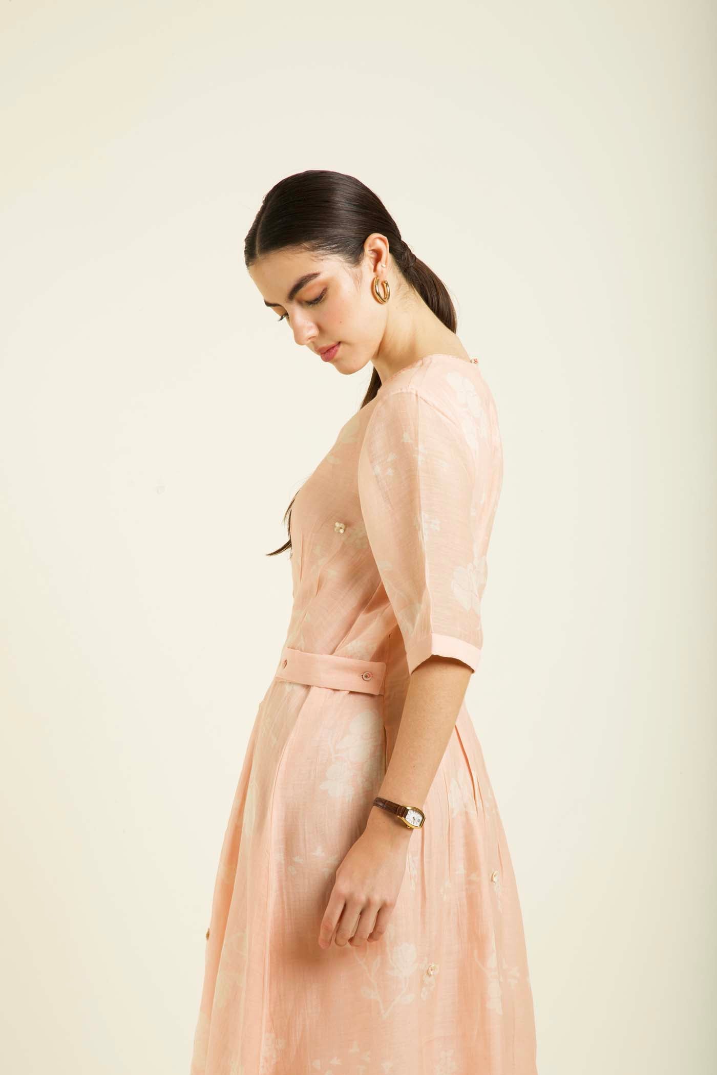 Old Rose Bon Pleated Dress With Embroidery Details