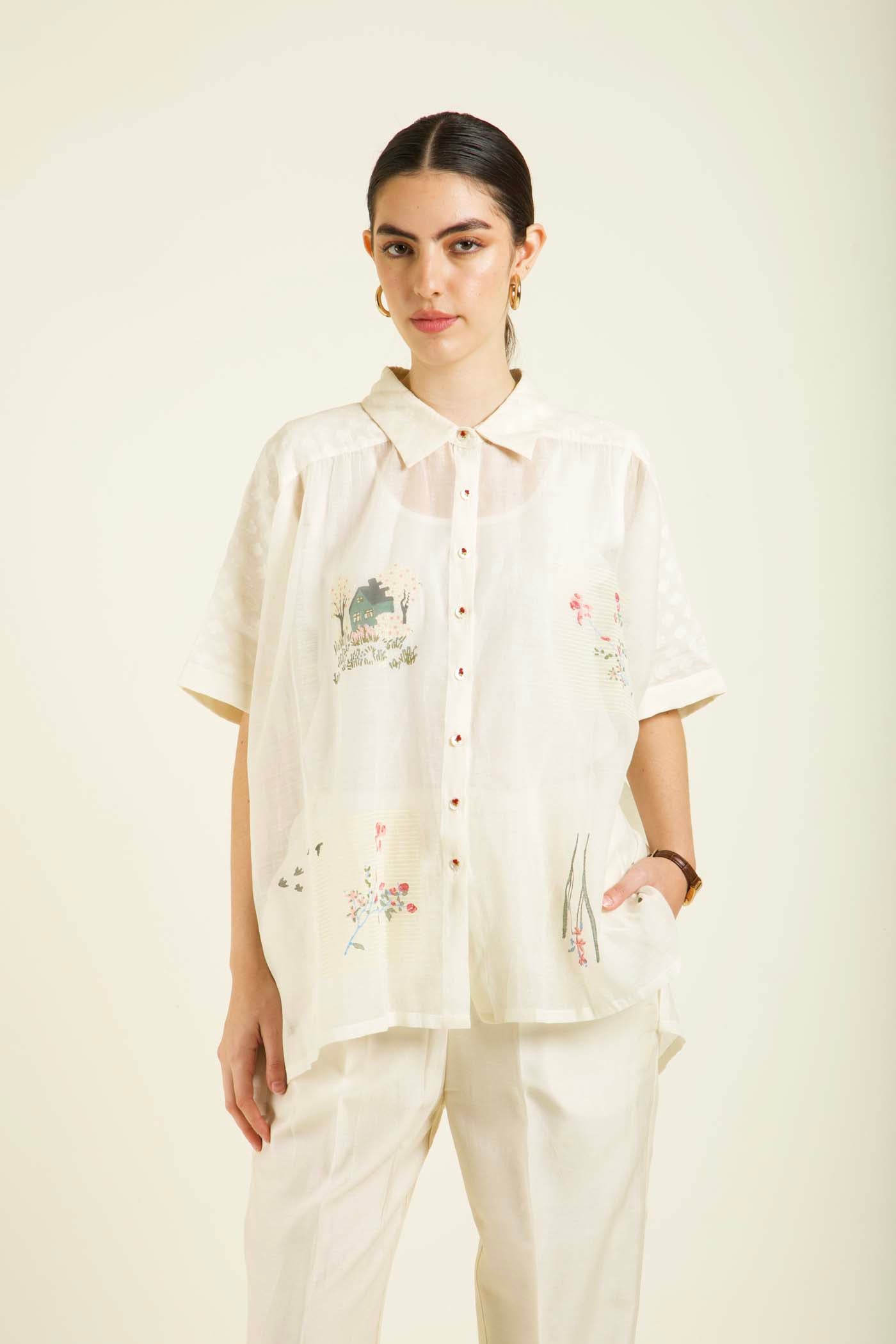 Ivory Kaftan Shirt With Straight Pant