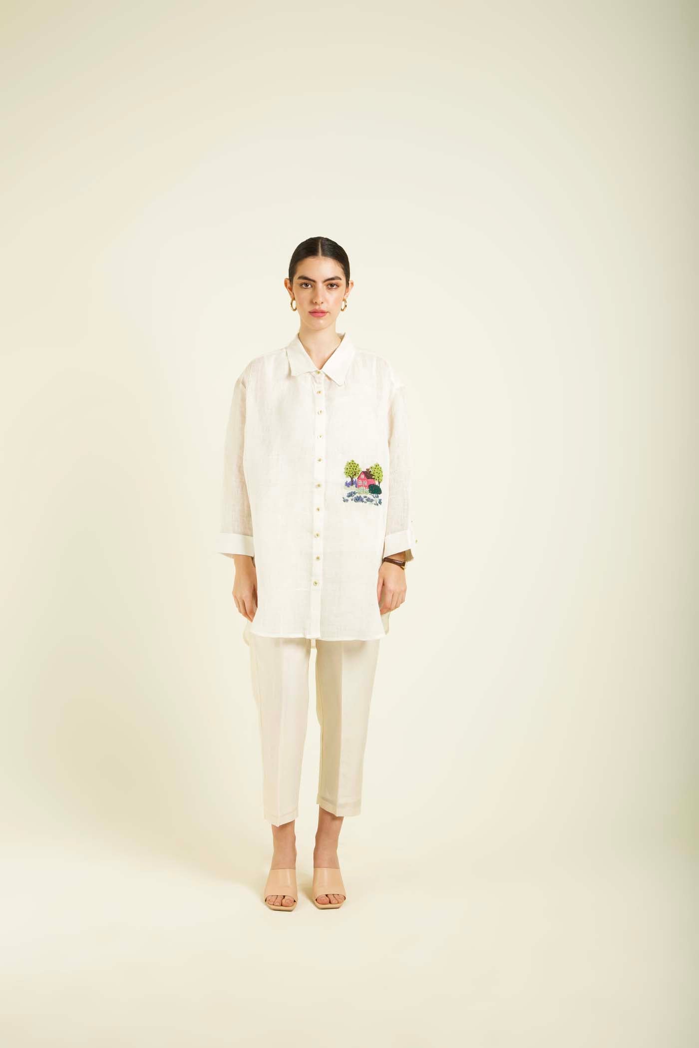 Ivory Country Shirt With Embroidery And Straight Pants