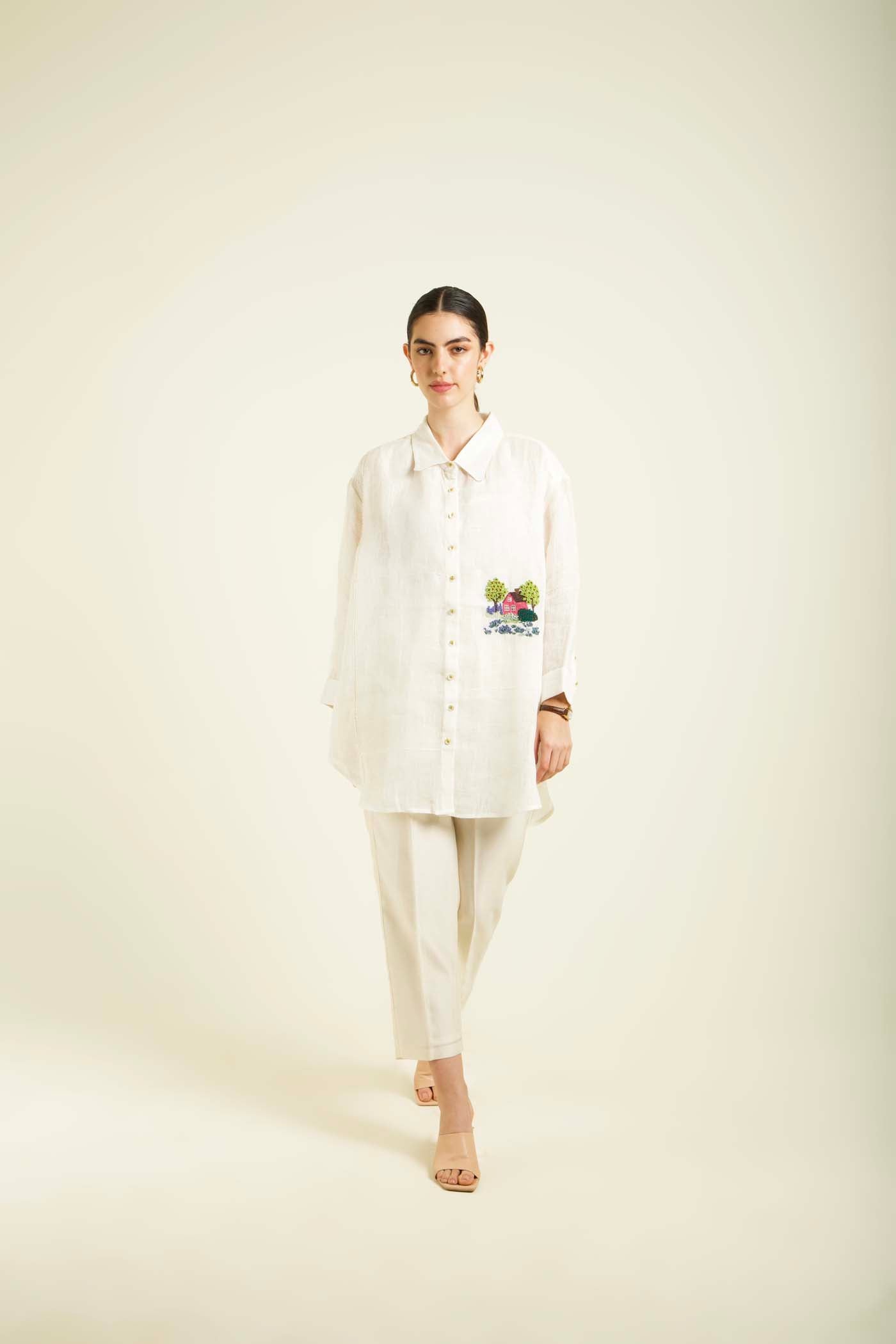 Ivory Country Shirt With Embroidery And Straight Pants