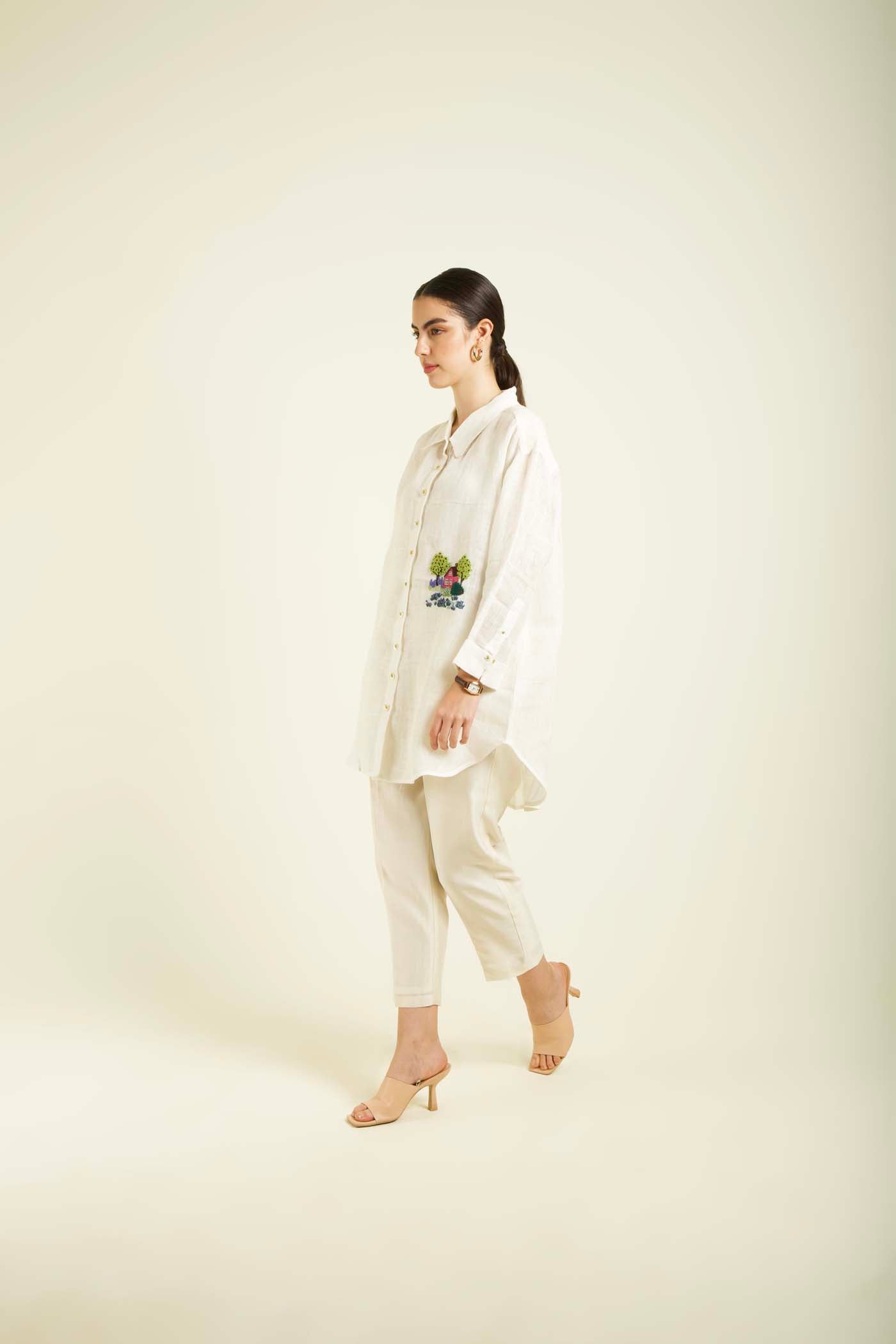 Ivory Country Shirt With Embroidery And Straight Pants