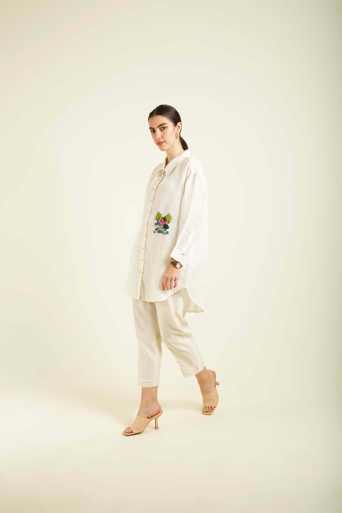 Ivory Country Shirt With Embroidery And Straight Pants