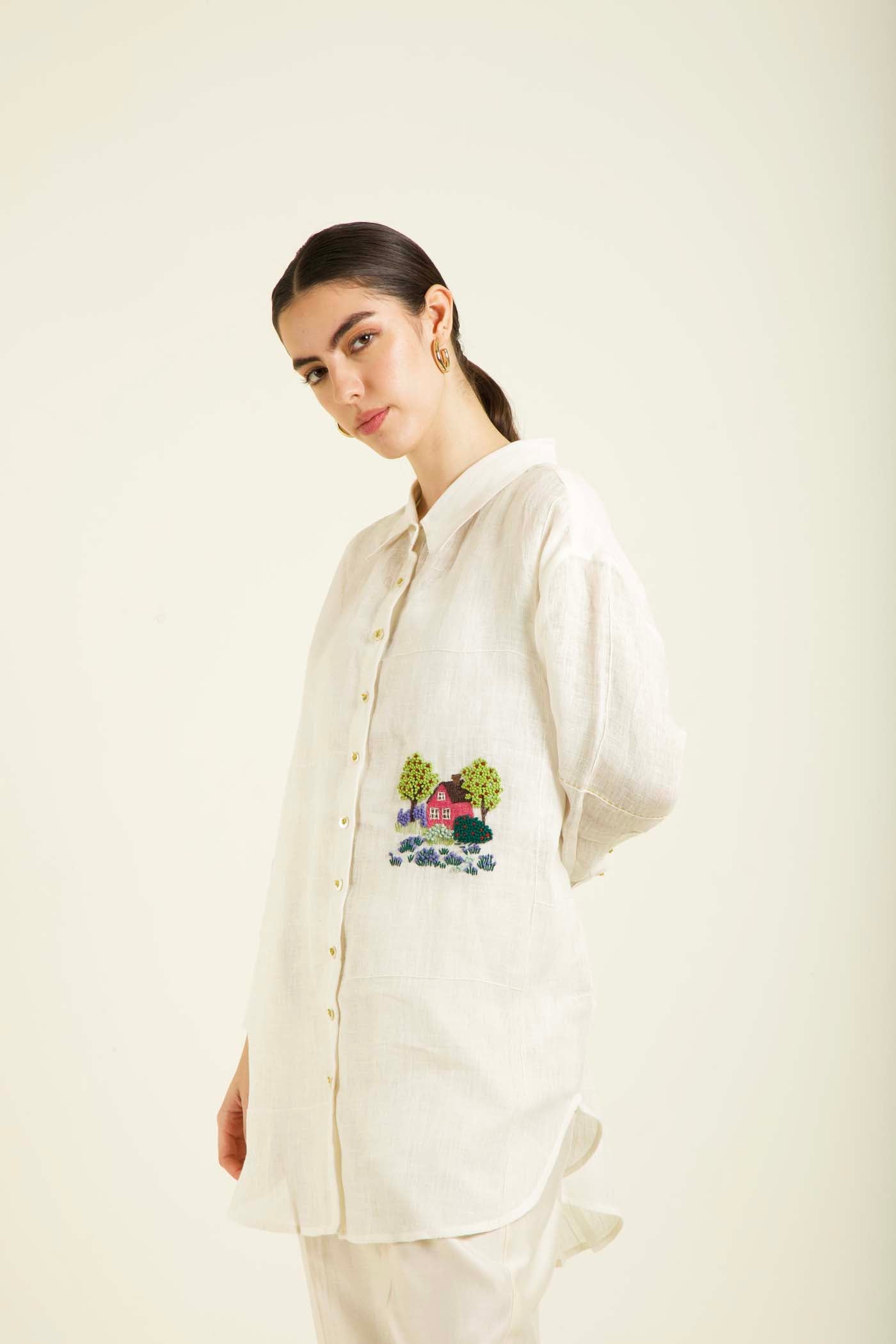 Ivory Country Shirt With Embroidery And Straight Pants