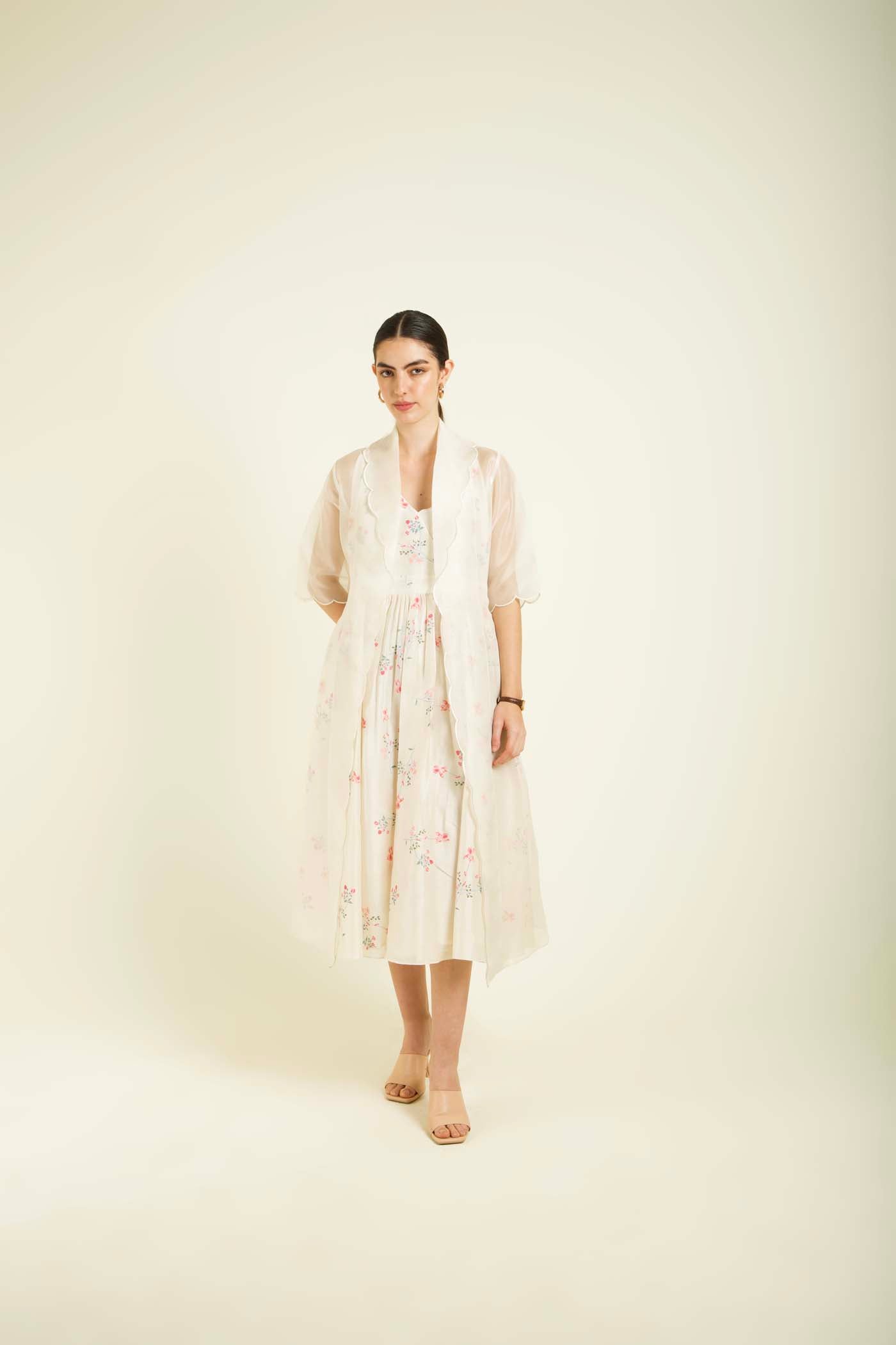 Ivory Scalloped Jacket With Printed Strap Dress