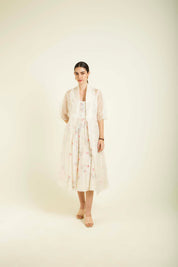 Ivory Scalloped Jacket With Printed Strap Dress