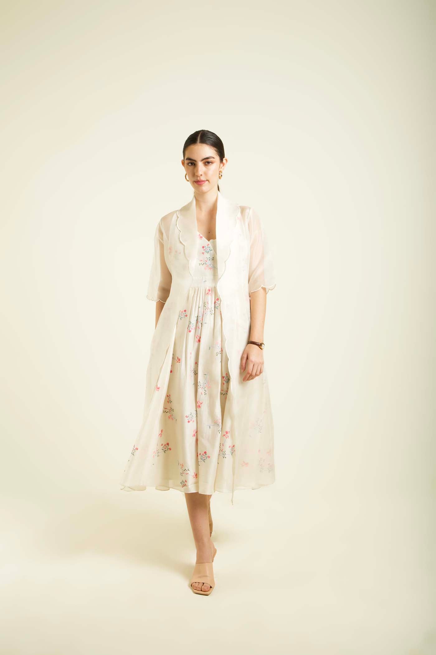 Ivory Scalloped Jacket With Printed Strap Dress