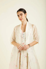 Ivory Scalloped Jacket With Printed Strap Dress