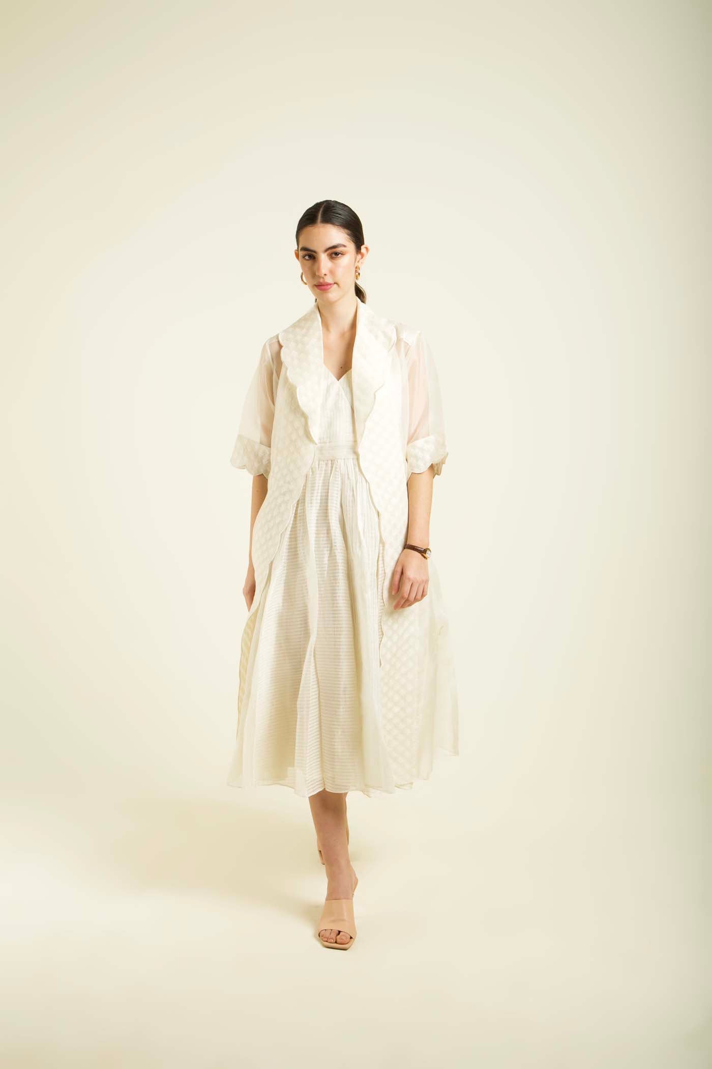 Ivory Jacket With Embroidery And Strap Dress