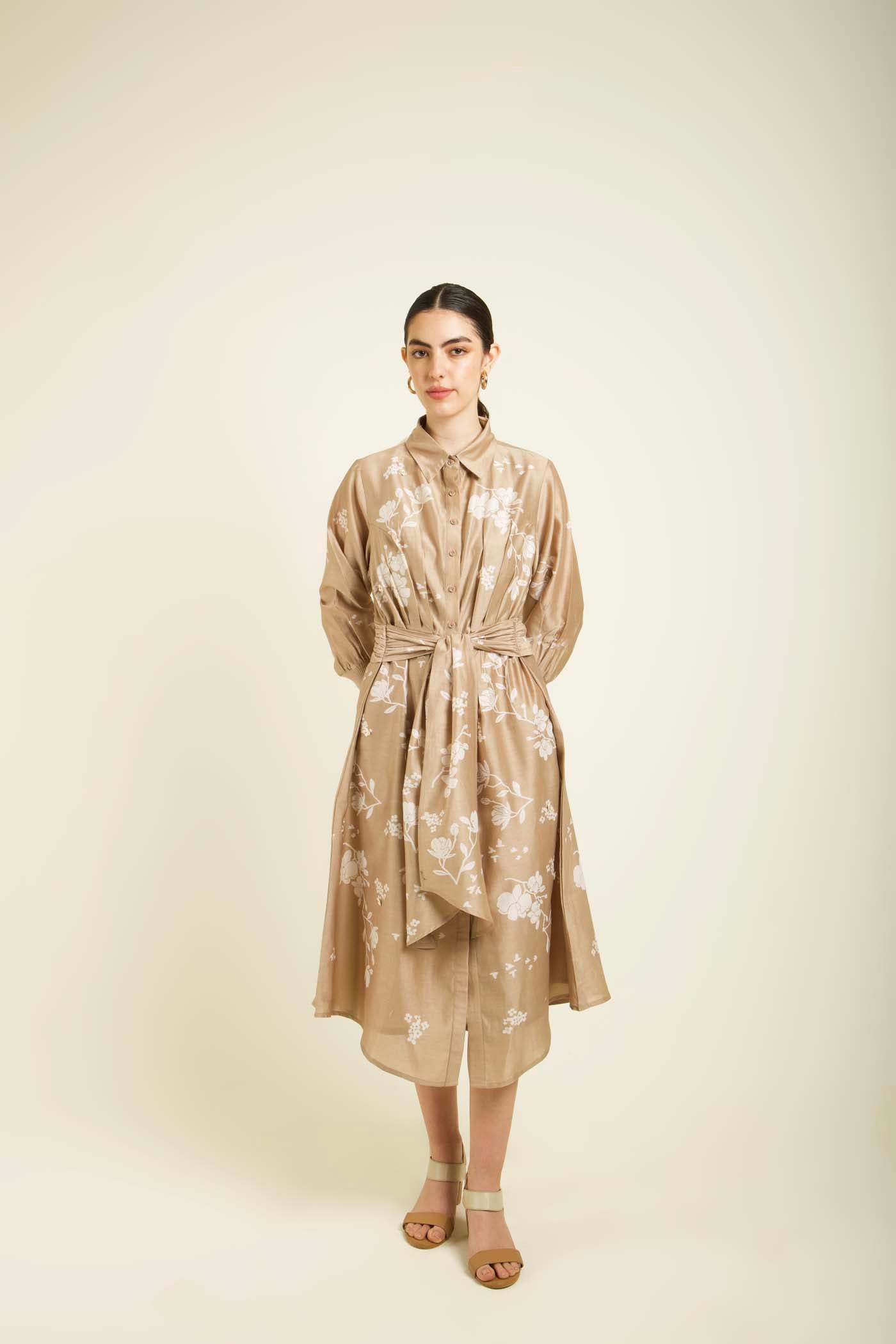 Beige Discharge Print Tie Up Dress With Embroidery Details