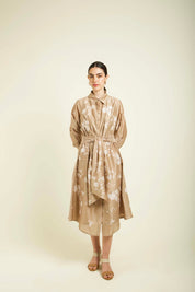 Beige Discharge Print Tie Up Dress With Embroidery Details