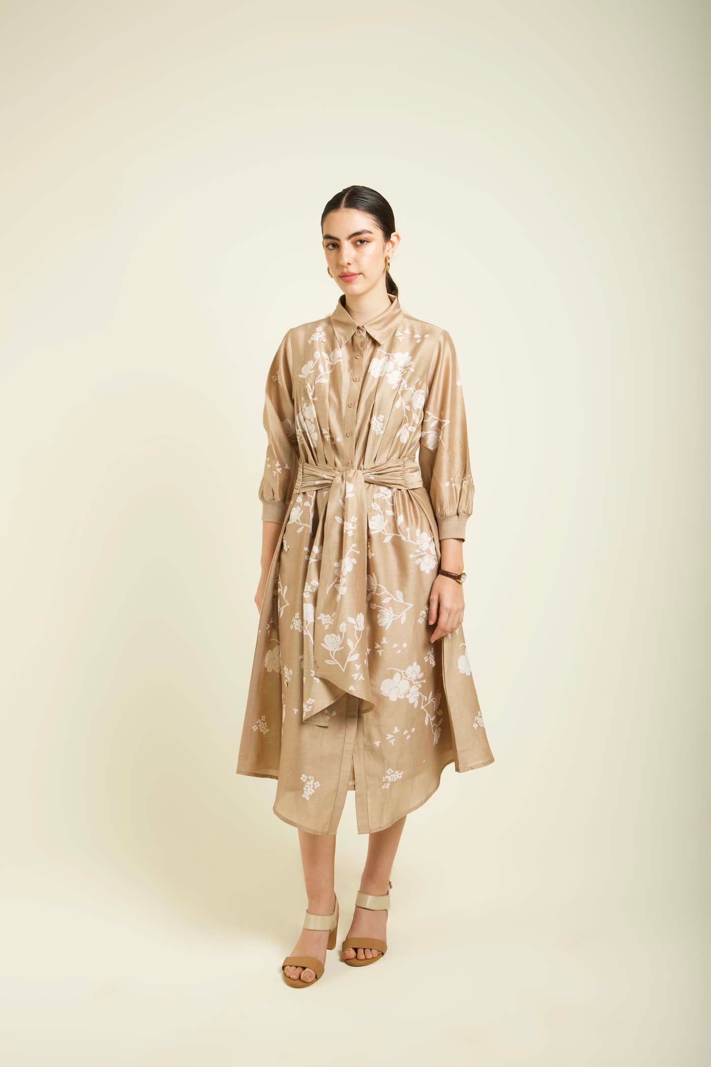 Beige Discharge Print Tie Up Dress With Embroidery Details